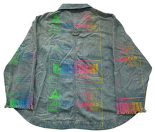 Load image into Gallery viewer, Positive Shipping Label Jean Jacket (Size Women's Large Petite)
