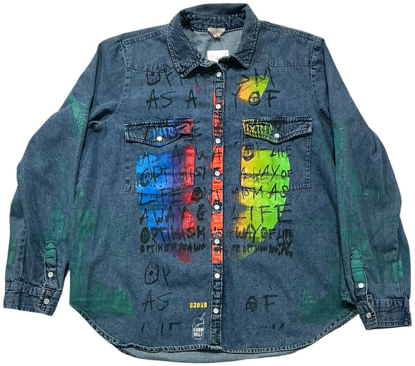 Optimism As A Way Of Life Button Up Denim Shirt (Size Women's Large)